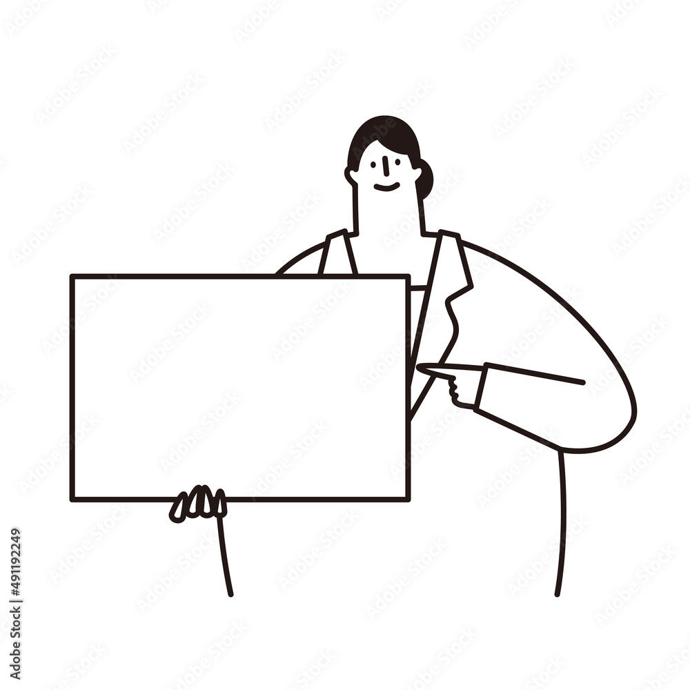 Vector illustration of a woman in a suit pointing at the board.