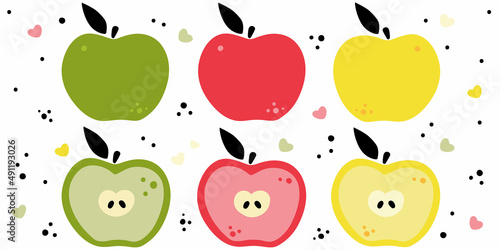 Set of stylized apples. Whole and half of the green, red, yellow apple