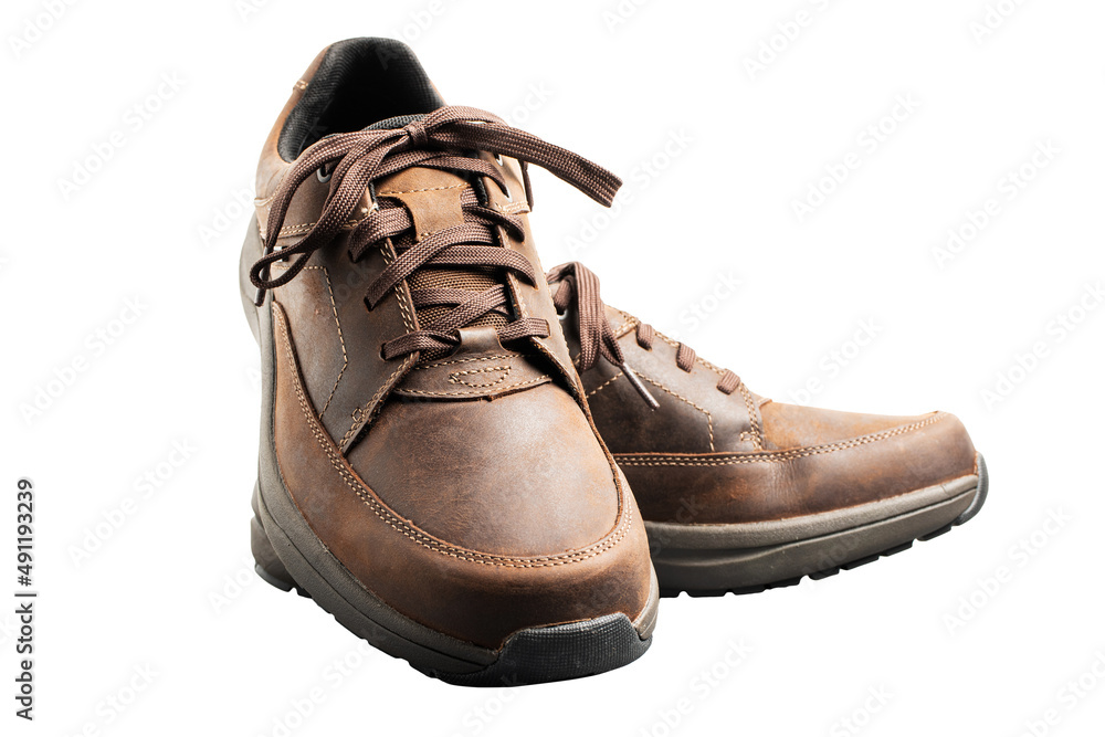 Mens brown leather walking shoes isolated on white background