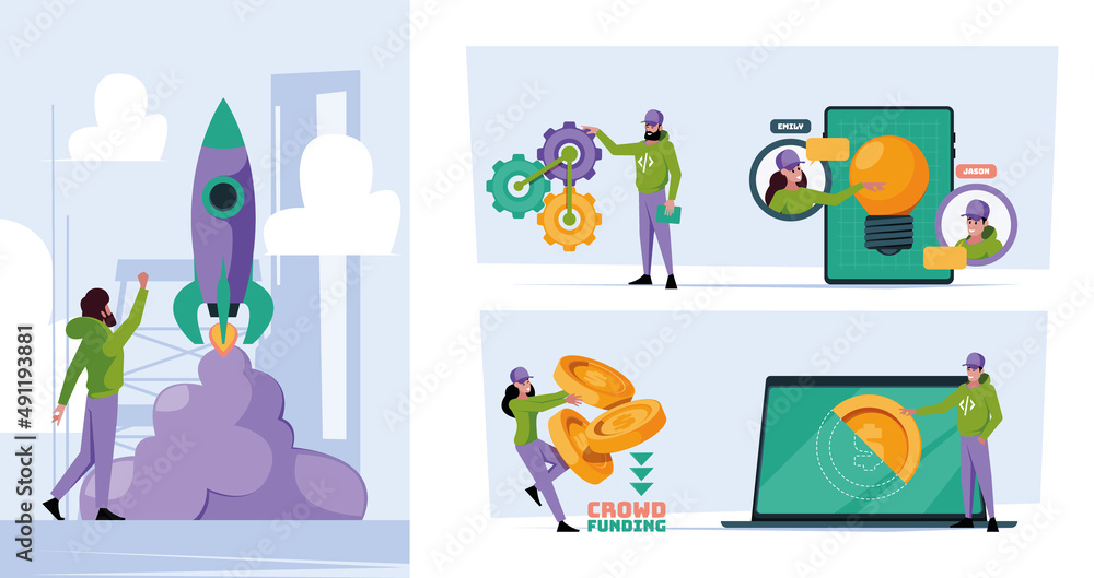 Fototapeta premium Business startup. New product investment perfect business ideas successful workers corporate managers garish vector startup concept pictures