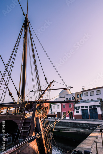 Details of the bow of a 16th century nau at dusk moored in the marine, Vila do Conde PORTUGAL
