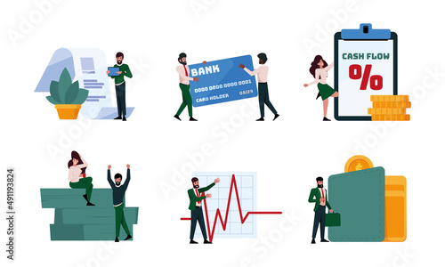 Personal finance. Family budget people consulting with professional economists saving cash calculation deposit control accounts garish vector business templates flat characters