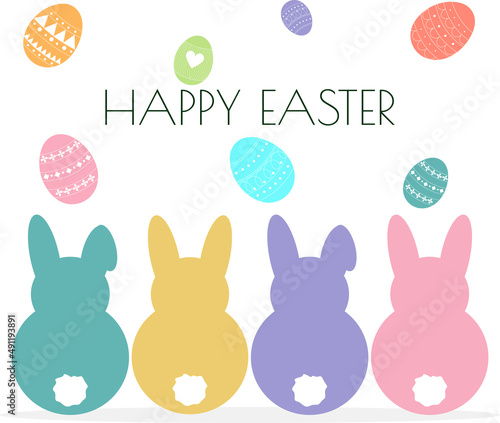 Illustration with easter bunnies and easter eggs, happy easter lettering, cute postcard for easter