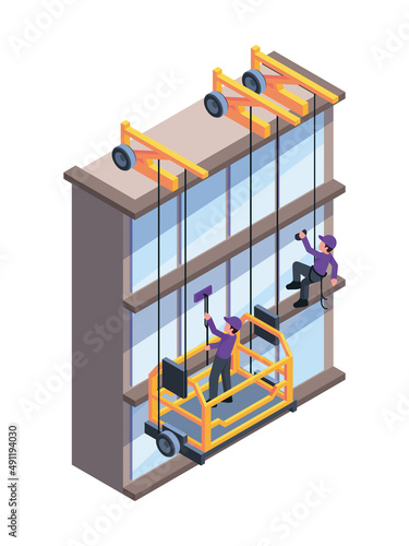 Skyscraper cleaning. High altitude work outside workers washing window standing on technician lifting platform garish vector cartoon background isometric