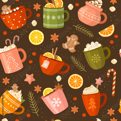 Christmas pattern. Xmas cups with beverage hot drinks coffee and tea recent vector seamless background