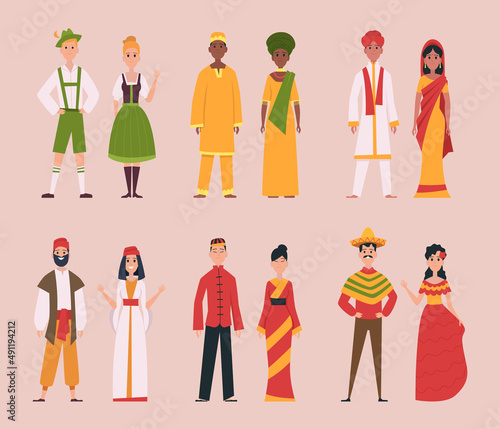 Traditional costumes. National authentic people in european clothes ukranian mongolia belarus nigeria turkey and poland exact vector characters