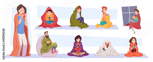 Covered people. Characters sitting relaxing or scaried under blanket sick people exact vector pictures set