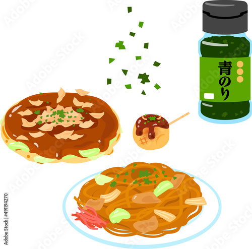 ビン入りの青海苔と青海苔をかけた料理