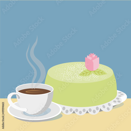 Swedish Fika, hot black coffee and princess cake. Celebrating happy moments with green 
marzipan cake.