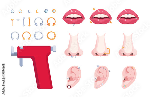 Piercing face. Body decoration metallic geometrical symbols rings dots arrows brackets garish vector steel accessories for piercing nose head lips eyes nose garish vector set