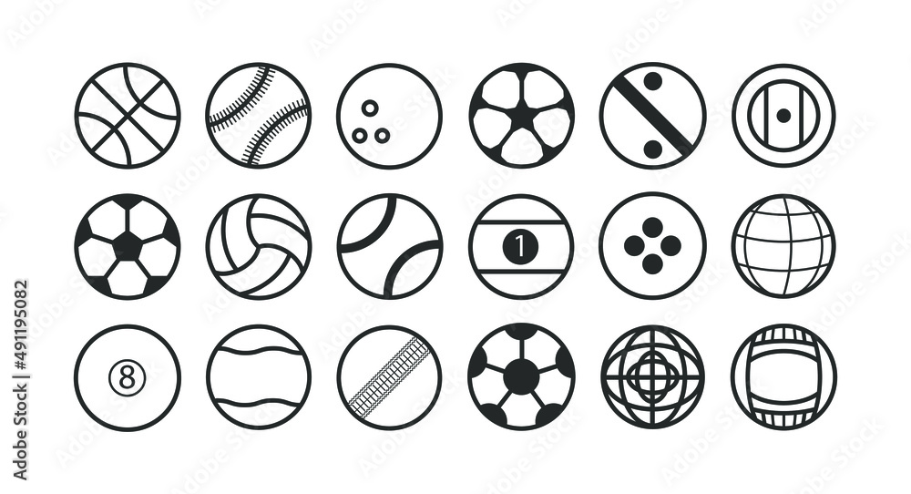 Sport ball outline icon design vector set. Such as soccer, tennis, basket, bowling, and etc. Sport ball outline icon design vector set. Such as soccer, tennis, basket, bowling, and etc.