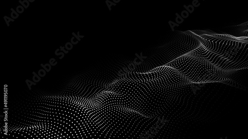 A moving digital 3d wave. Futuristic dark background with dynamic white particles. The concept of big data. Cyberspace. 3d rendering