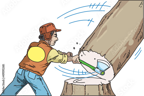 Lumberjack cutting tree with axe 