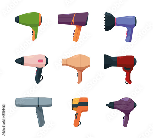 Electrical hairdryer. Barbershop items colored tools for beauty salon hair care garish vector illustrations set isolated