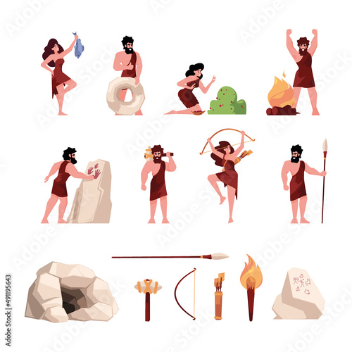Cave person items. Stone weapons ropes fire bonfire for neandrathal characters of prehistorical period hunters for mammoth garish vector set