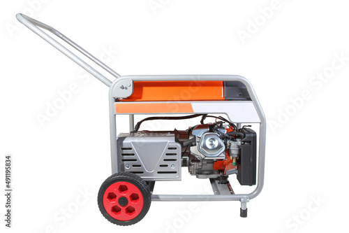 Modern petrol generator side view isolated on white background
