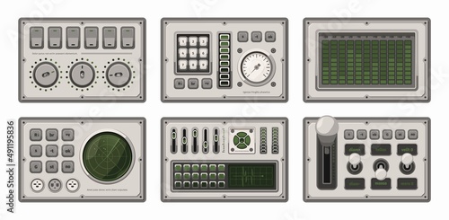 Control panels templates. Ui colored set buttons checkboxes frames keypad switches scrollers music amplified systems garish vector set