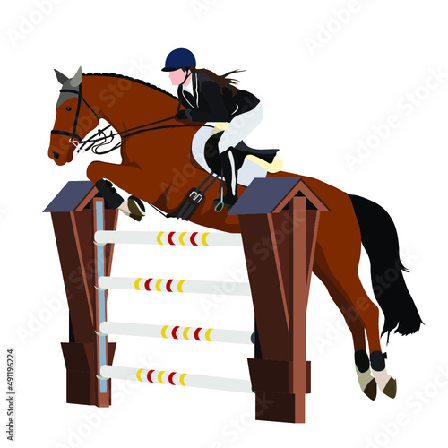 Springreiten, Reiterin auf Pferd beim Sprung über ein Hindernis