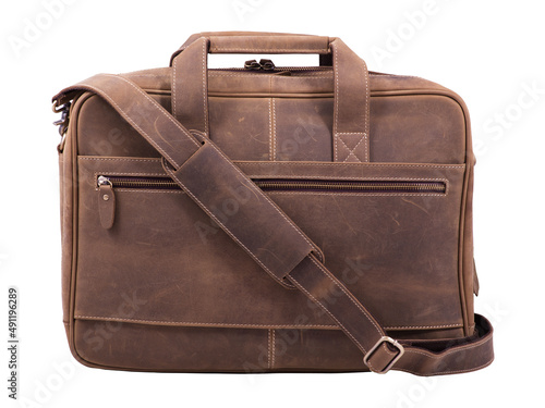 Leather business briefcase with shoulder strap isolated on white background