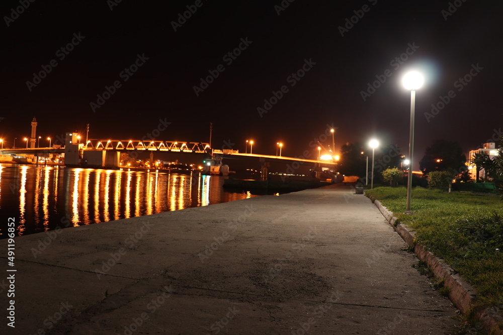 Light reflection of Bizerte bridge on the sea (long exposure)