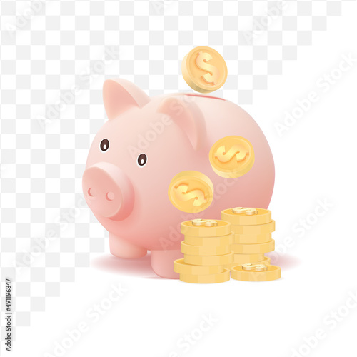 3d piggy bank with coin isolated on white background