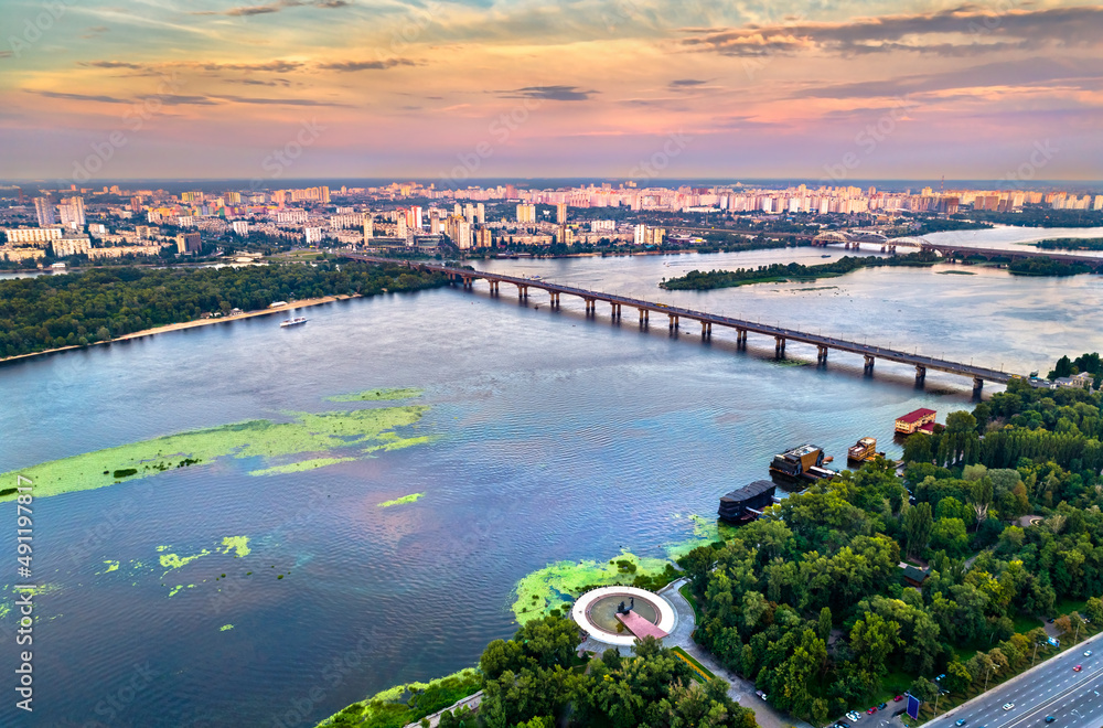 Aerial view of the Paton bridge in Kyiv, the capital of Ukraine, before the Russian invasion