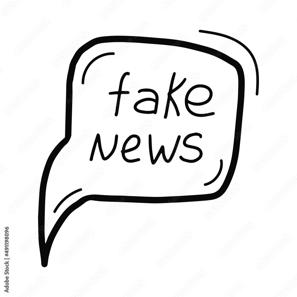 Hand drawn Fake news speech bubble icon. False, hoax, desinformation cloud in doodle style. Vector illustration isolated on white background
