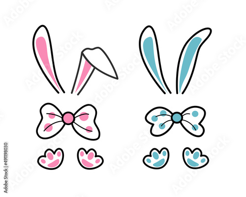 Easter bunny ears, bow and paw set. Cute bunny costume for baby girl and boy. First Easter party. Color vector illustration for print, card, invitation design