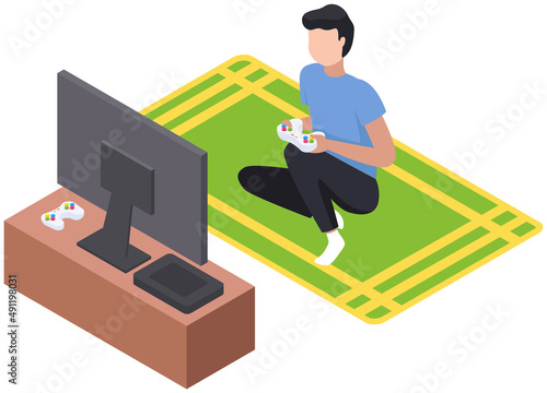 Gamer playing video game with tv screen holding gamepad controller sitting on carpet at home. Man and videogames illustration. Entertainment for adults and children with modern digital device