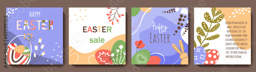 Happy Easter greeting card set. Cute spring backgrounds with bunny, busket of eggs, flowers. Colorful flat vector templates for social media post, online ad, flyer, invitation, poster, postcard design