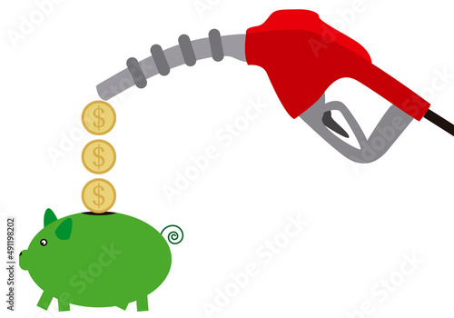 Pistola de gasolina echando monedas de dolar por el ahorro. 