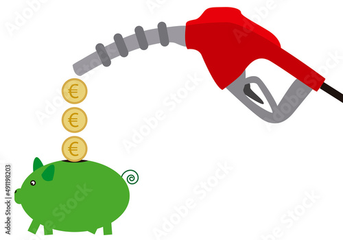 Pistola de gasolina echando monedas de euro por el ahorro. 