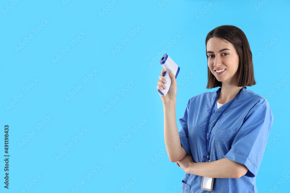 Concept of healthcare worker with young woman, space for text Concept of healthcare worker with young woman, space for text