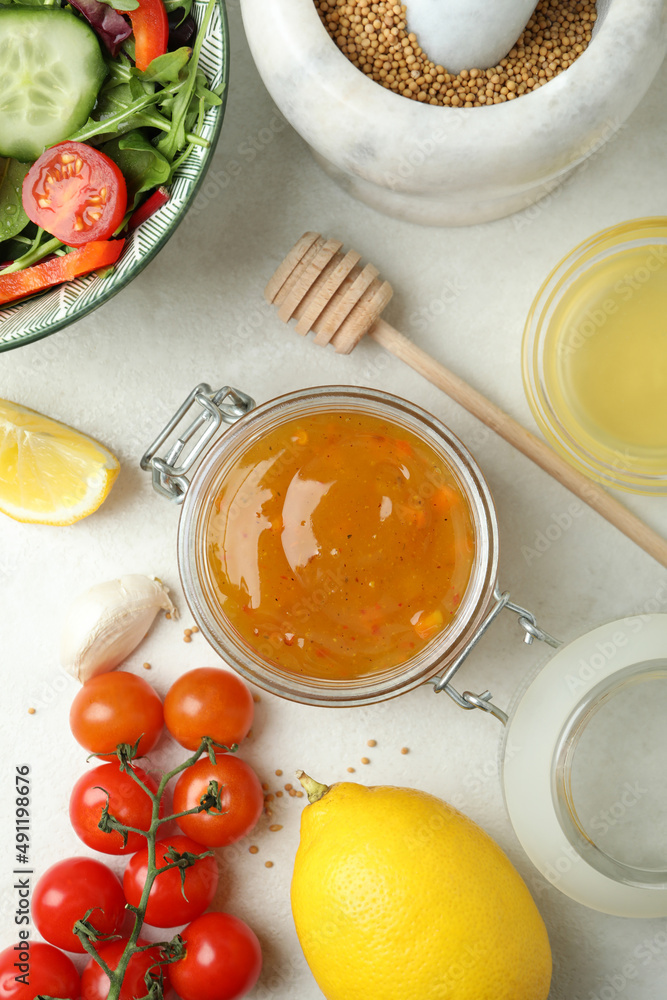 Concept of tasty food with sauce, top view Concept of tasty food with sauce, top view