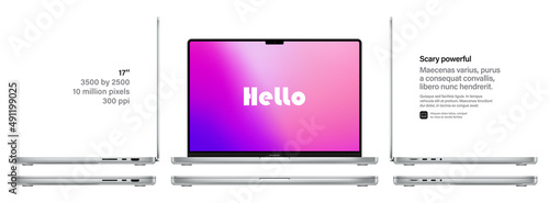 laptop silver color with colored screen front and side view isolated on white background. mockup of realistic and detailed notebook. stock vector illustration