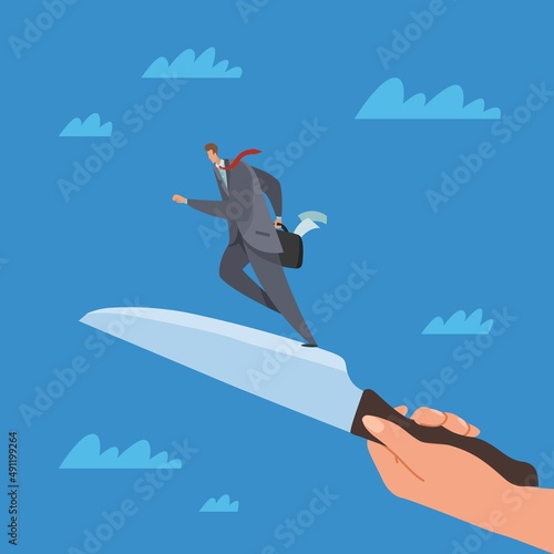 Blade runner. Dangerous path to success, shaky cases. Businessman running to goal, hard way, career ambition and opportunities, risk and danger deal, vector cartoon flat concept