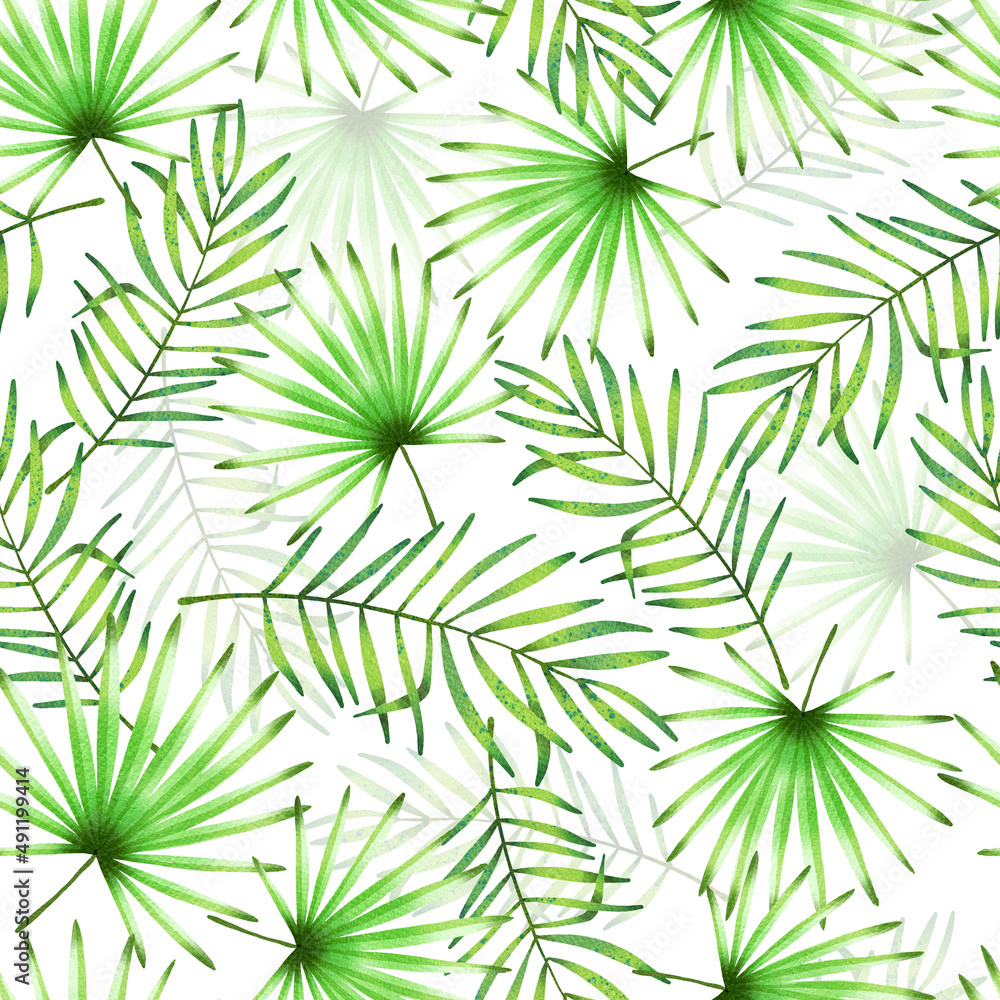 Green Palm Leaves on White Background Watercolor Seamless Pattern