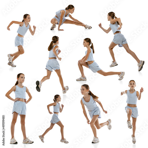 Portrait of girl, teenager in blue sportswear training, running isolated over white background. Collage