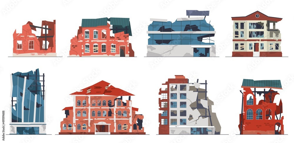 Damage city building facades. Urban destruction and ruines, collapsed houses and stores, broken postapocalypse architecture, after collapse war or earthquake, vector flat cartoon isolated set