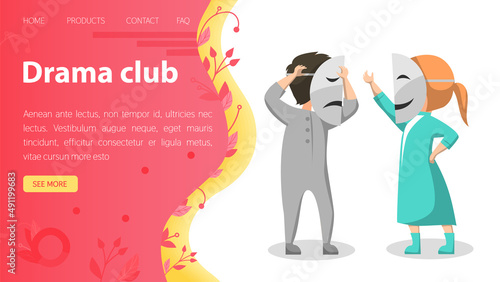 Children drama club landing page. School play. Young theatre troupe. Extracurricular activities. Development of acting skills. Kids acting performance on stage cartoon characters creative hobby © robu_s