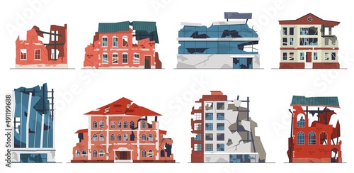 Damage city building facades. Urban destruction and ruines, collapsed houses and stores, broken postapocalypse architecture, after collapse war or earthquake, vector flat cartoon isolated set