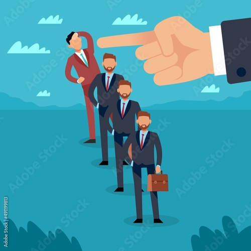 Exclusion from the team. Employee dismissal. Career end, unemployment or fired person, jobless and job reduction. Boss hand points finger at clerk vector cartoon flat isolated concept