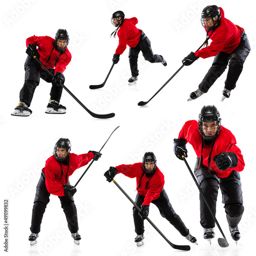 Photography Portrait of professional female hockey player, goalkeeper training isolated over white background