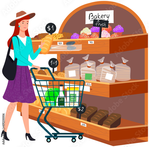 Woman with shopping cart in supermarket. Lady during shopping, customer in mall, retail store. Girl chooses pastries, bread at grocery store. Female character looking at bakery in hypermarket