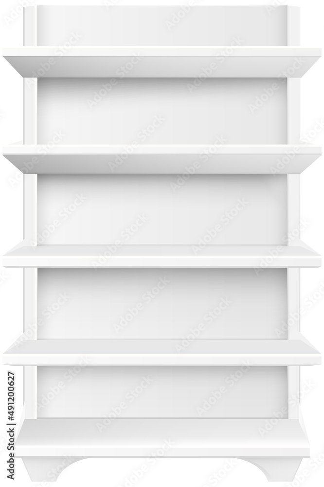 White empty supermarket retail store shelves isolated on white background vector illustration. Modern stylish wooden shelves furniture of high quality for books and decorations trade equipment White empty supermarket retail store shelves isolated on white background vector illustration. Modern stylish wooden shelves furniture of high quality for books and decorations trade equipment