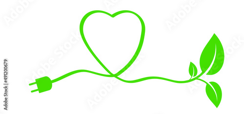 Cartoon green bio or eco power icon or symbol with love, heart. Natural energy sveing leaves and electric plugs. Electrical cable plug with leaf. Ecology concept. concept. CO2, carbon, dioxide.