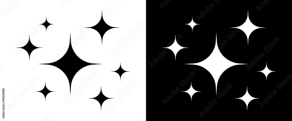 Shine icons. Clean star icons. Sparkle symbols. Brilliance of stars. Twinkle sparks isolated on white and black background. Shiny logo for celebration and cleanliness. Vector - obrazy, fototapety, plakaty 
