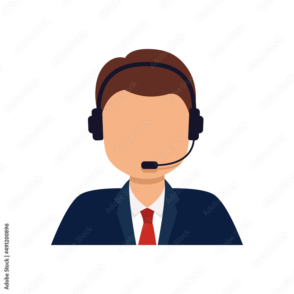 Сall center service. Operator for customer. Service agent. Man with headset telephone advise online. Hotline support, corporate representative helpline. Web assistant avatar. Vector