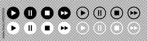Play, pause and stop button. Play, pause, rewind, stop and forward icons. Music and video player symbols isolated on transparent background. Vector