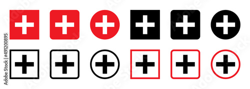 Medical cross icons. Medical and hospital symbol. Sign of first aid and emergency. Cross icons for health, pharmacy and medicine. Black and red symbols. Vector
